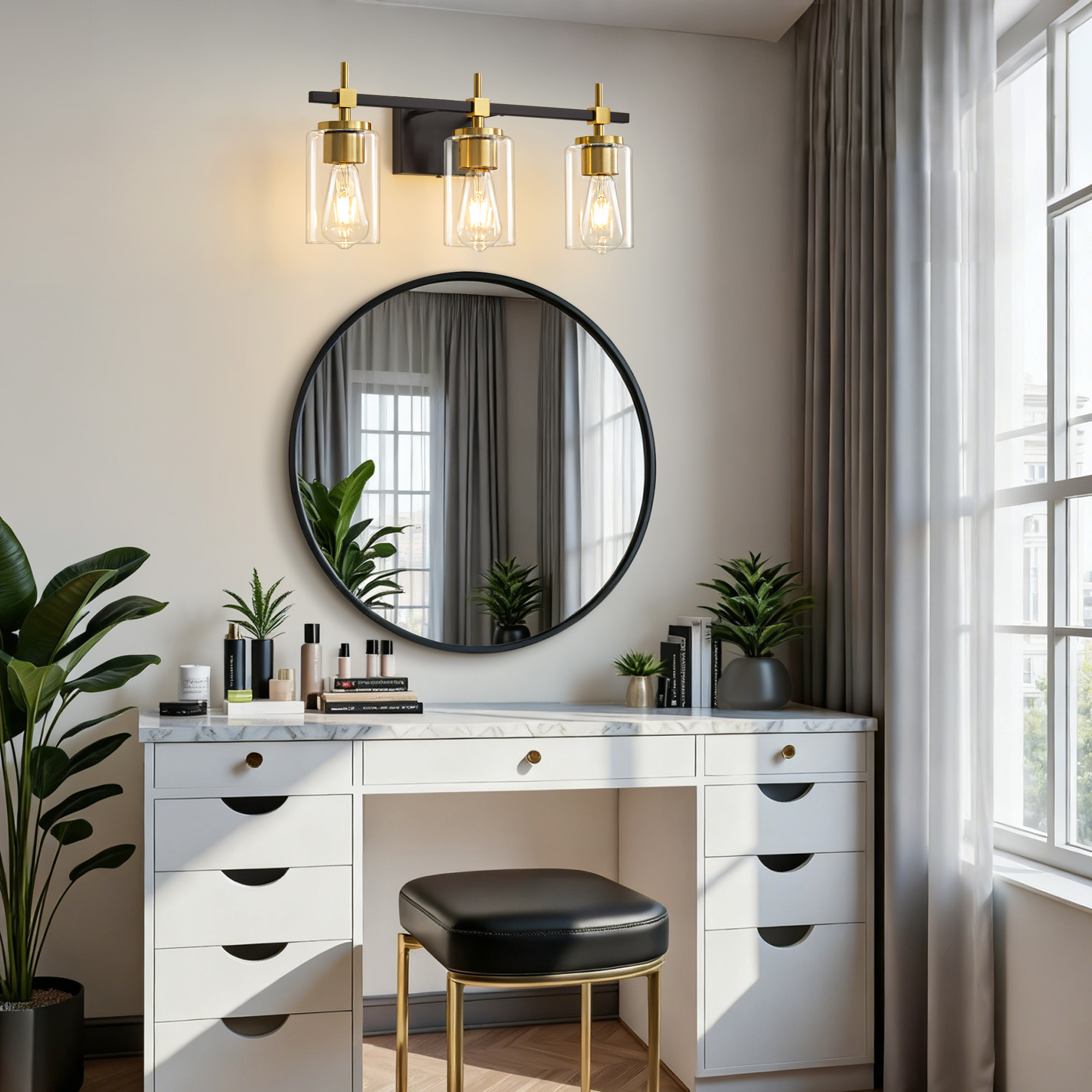Deyidn 3-Light Black Gold Modern Vanity Light, 20-inch Luxury Mirror Lamp for Bathrooms and Bedroom