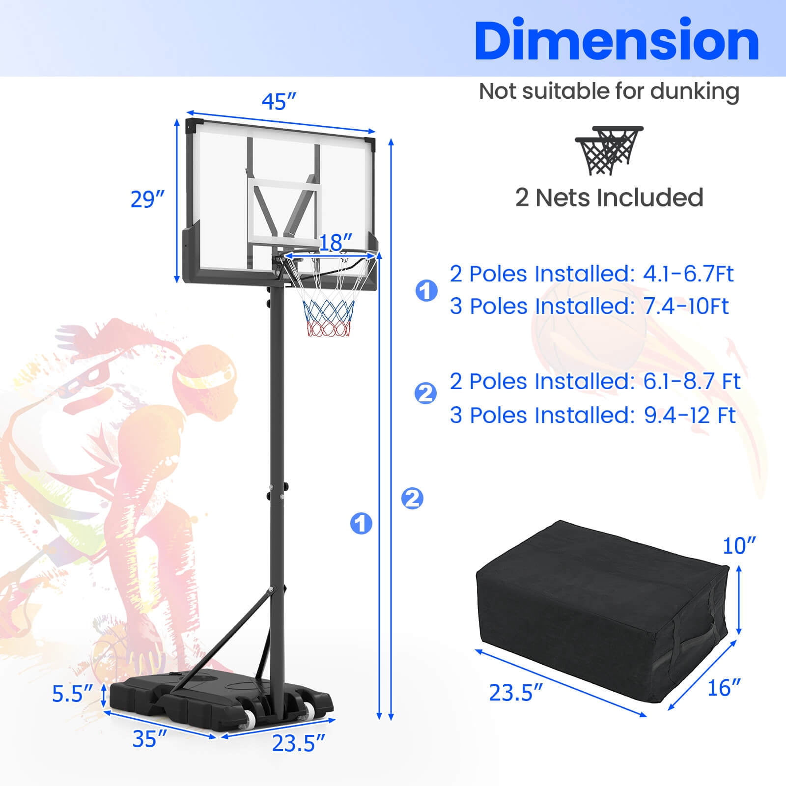 Infans Basketball Hoop Outdoor System w/ 45 Inch Shatterproof PC Backboard Wheels