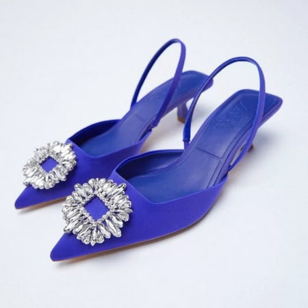 

Women Elegant Heel Crystal Flower Mules Shoes Slingback Pointed Closed Toe Dress Sandal Shoe Stiletto Heels