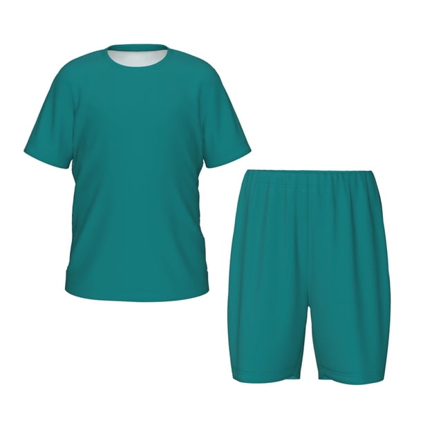 Balery Teal Conjunto de Pijama Infantil de Manga Corta con Estampado – Ropa de Dormir de Algodón Suave-Large