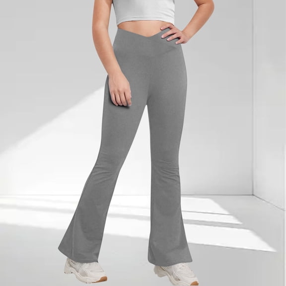 Sentmoon Leggings for Girls Cross High Waisted Buttery Soft Flare Leg Slim Yoga Pants Solid Color Full Length with Pockets Tummy Control Stretchy Pants Casual Girls for Sports Wear Gray 14 Years