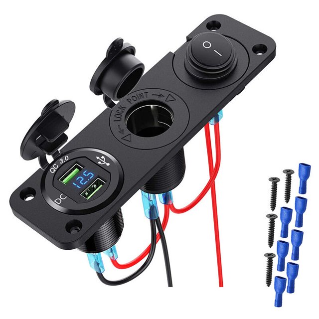 Panel de enchufe de cargador de coche USB QC3.0 de 12V con enchufe de encendedor de cigarrillos, voltímetro LED e interruptor basculante para barco de 12V/24V, SUV, camión, caravana marina Kuyhfg Bienvenido a Kuyhfg