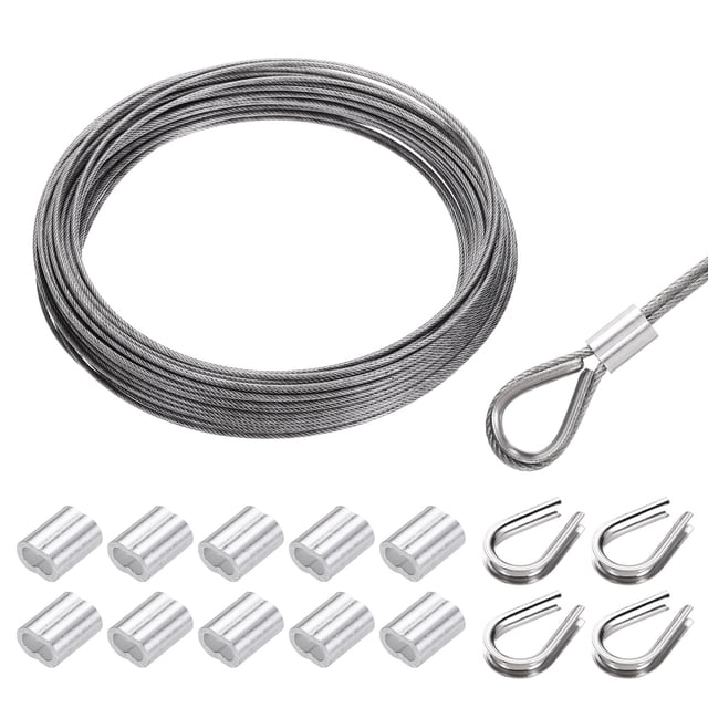 Uxcell 66FT Stainless Steel Cable Kit, 1/16" Silver 7x7 Strand Wire Rope with Loop Sleeves for Outdoor Deck Fence Wire
