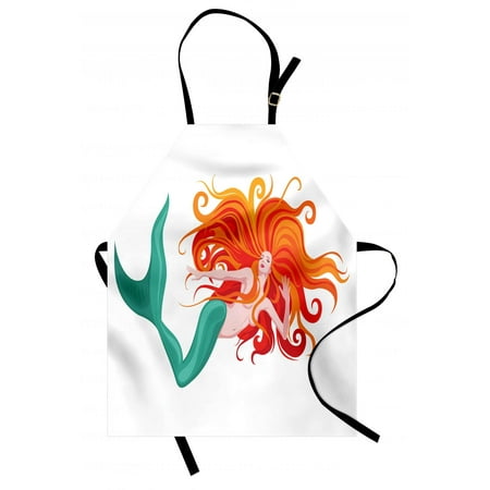 Turquoise And Orange Kitchen Underwater Apron Illustration of Red Haired Mermaid Romantic Imagination Theme, Unisex Kitchen Bib Apron with Adjustable Neck for Cooking Baking Gardening, Turquoise Orange Dark Orange, by Ambesonne ()