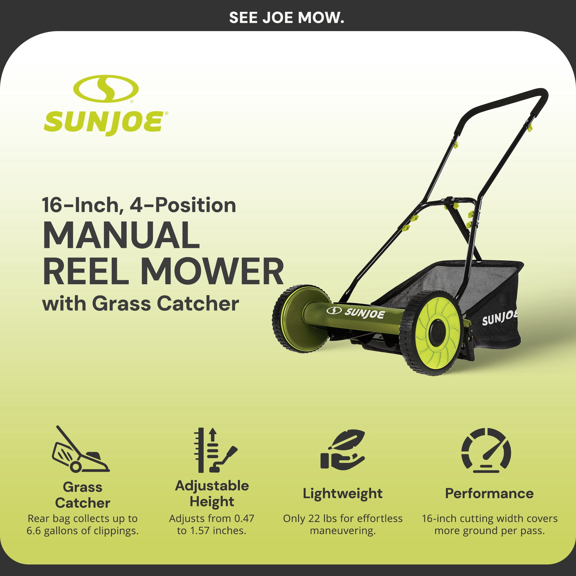 Sun Joe Manual Push Reel Lawn Mower with Grass Catcher, Adjustable