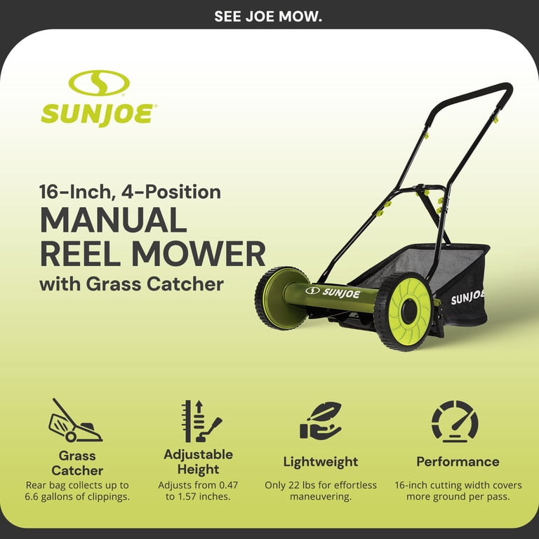 Sun Joe Manual Push Reel Lawn Mower with Grass Catcher, Adjustable