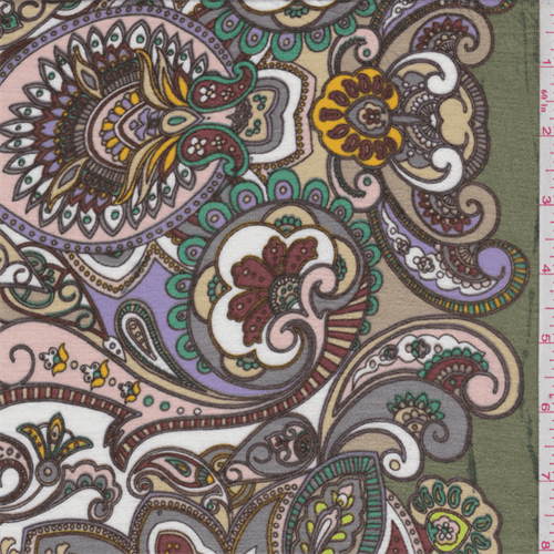 Sage/Beige/Grey Paisley Pima Cotton Jersey Knit, Fabric Sold By the