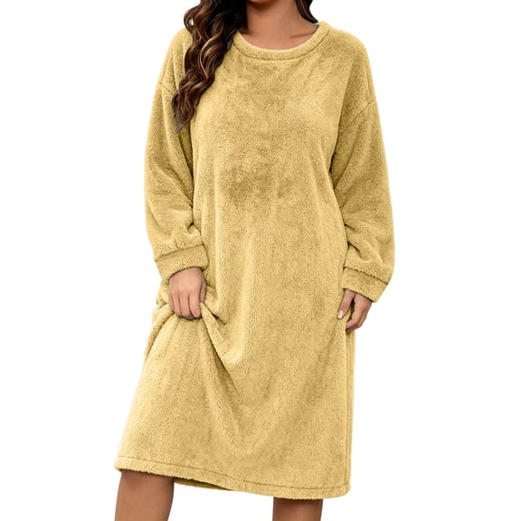 SHTXOZHI Womens Fuzzy Nightgown Winter Knee Length Long Sleeve Sleep Dress Plus Size Loose Warm Crew Neck Sleepshirt