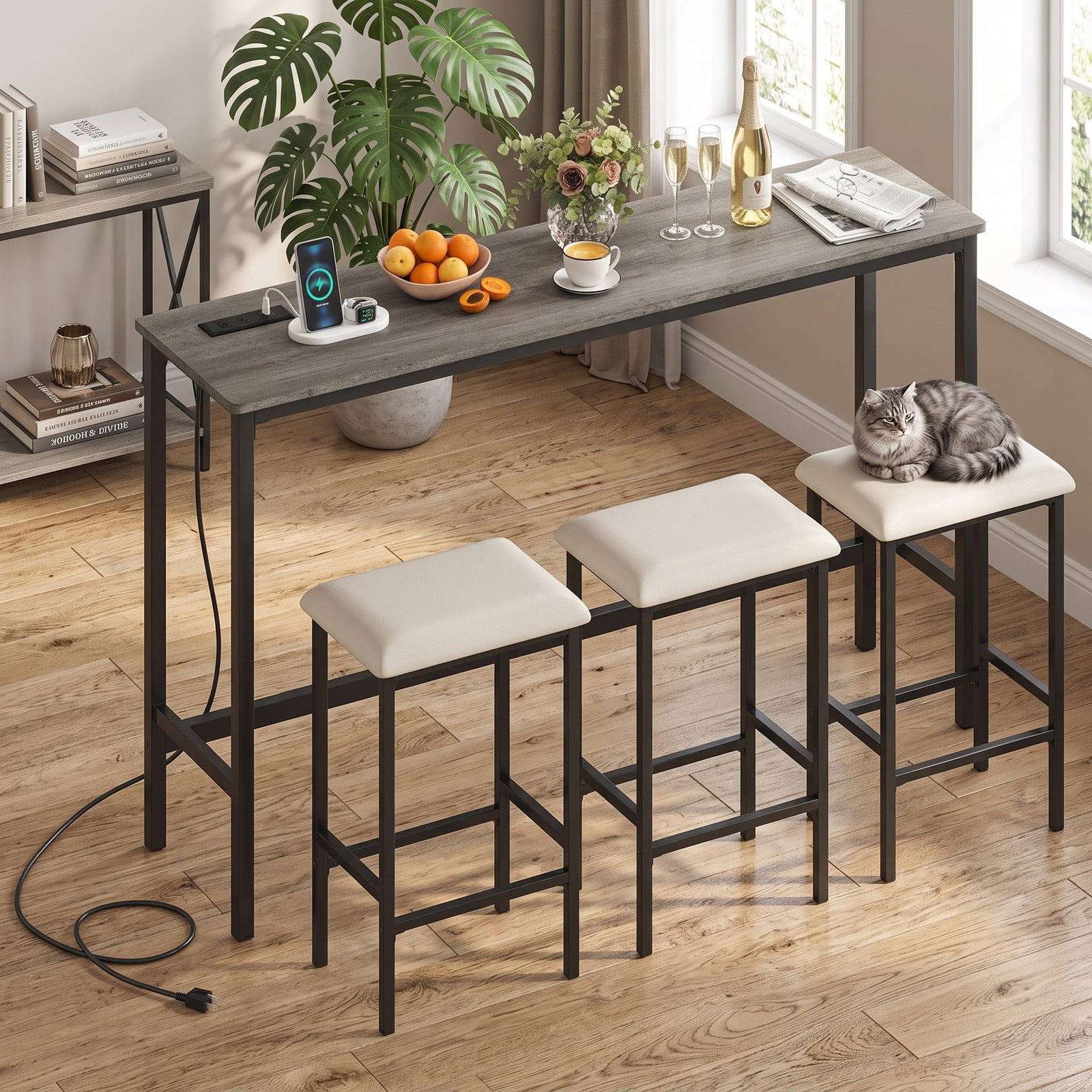 Furnibear 4-Piece Counter Height Bar Table Set with Power Outlet & USB Ports, 60" Pub Dining Table with 3 Padded Backless Stools, Space-Saving Kitchen Breakfast, Gray