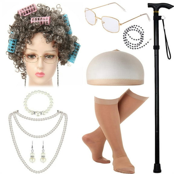 KAWELL 2025 Old Lady Costume for Girls with Wig Cane & Other Halloween Cosplay Accessories