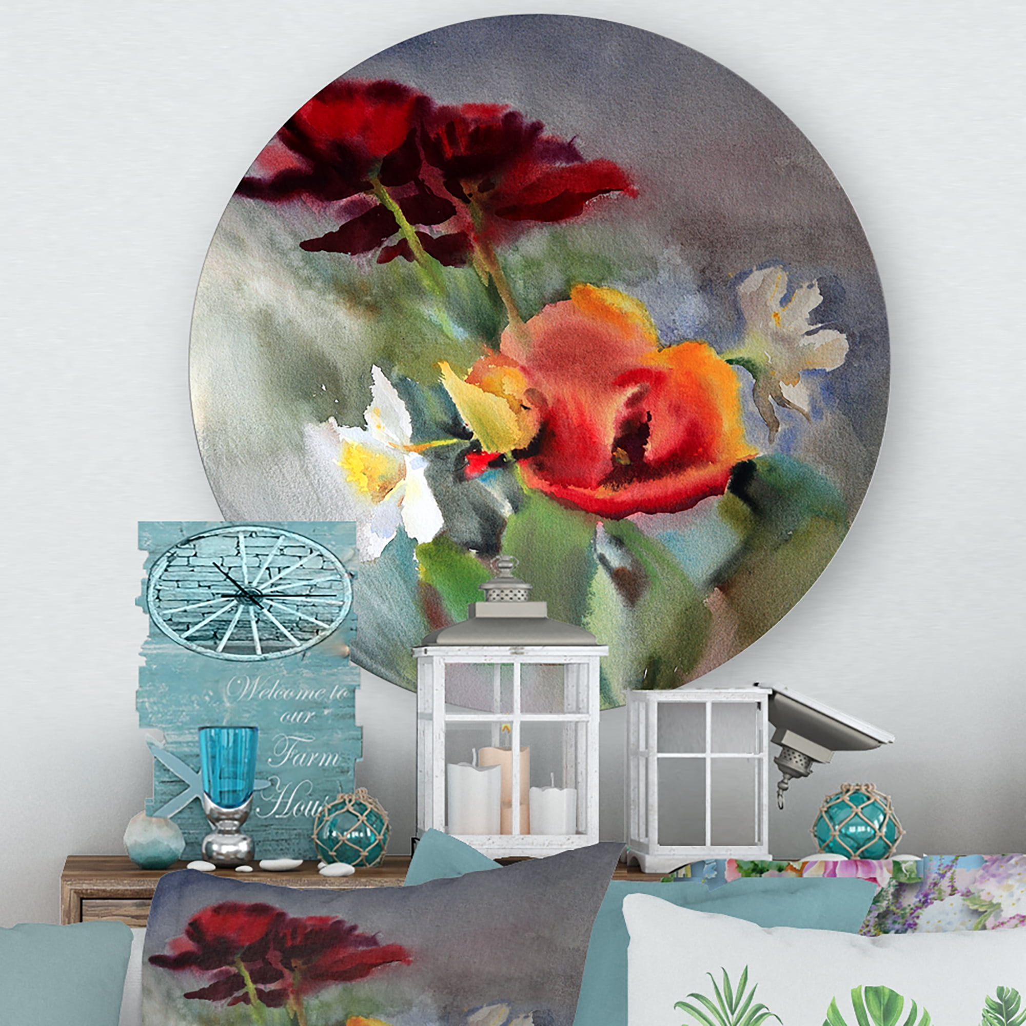 Designart 'Blossoming Vibrant Red Wildflowers' Traditional Circle Metal Wall Art 11x11 - Disc of 11