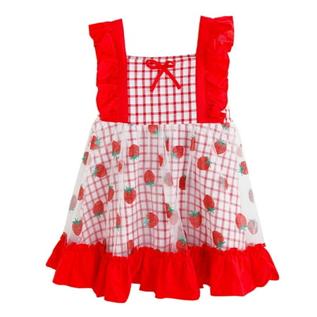 

Chaoren Kids Dress Mesh Stitching Flying Sleeve Red Summer Cute Sleeveless Plaid Dress for Travel