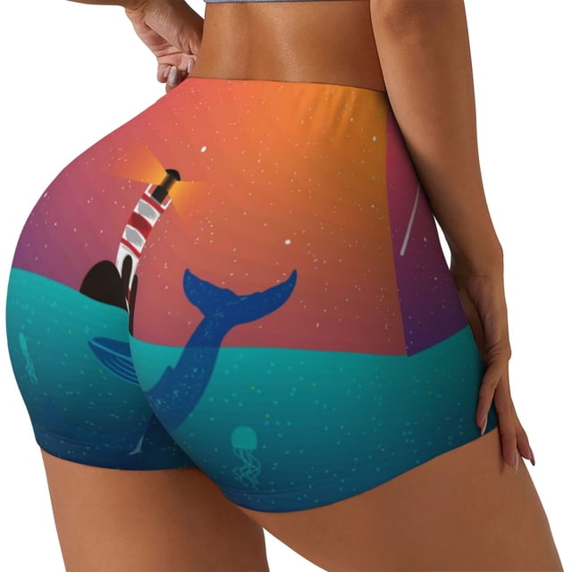 Balery Lighthouse and Whale Pantalones cortos de entrenamiento estampados para mujer, sin costuras, ajustados, para gimnasio, yoga, correr, deportes, ejercicio activo, fitness.-X-Large