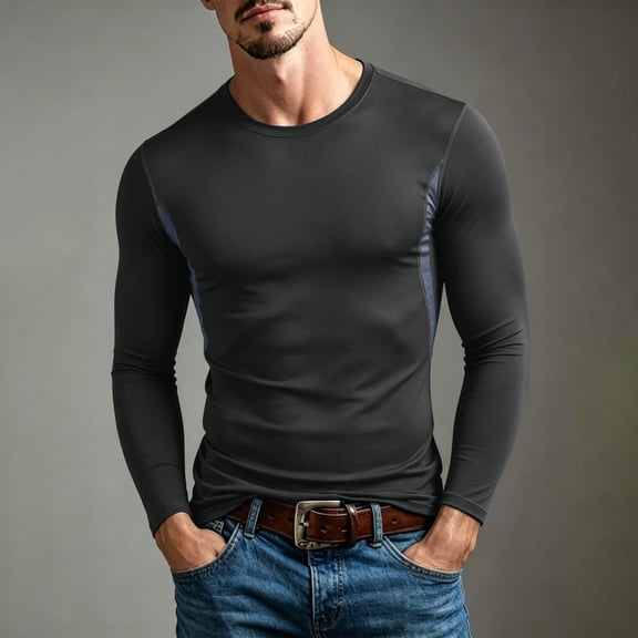 VgaVtl Long Sleeve Tshirts for Men Muscle Fall Winter Crew Neck Gym Slim Leisure Mens Tops Black Solid Sports