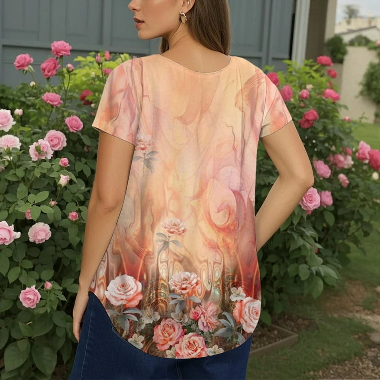 FOLUNSI Women's Plus Size Floral Henley Tunic Top - V-Neck Short Sleeve Blouse For Casual Wear