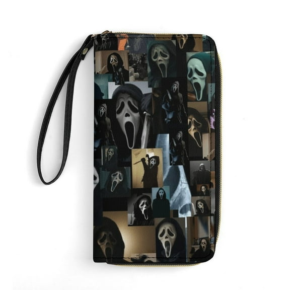 Ghostface Leather Wallet with Wristlet Credit Card Holder Zipper Clutch Stylish Purse for Women Men