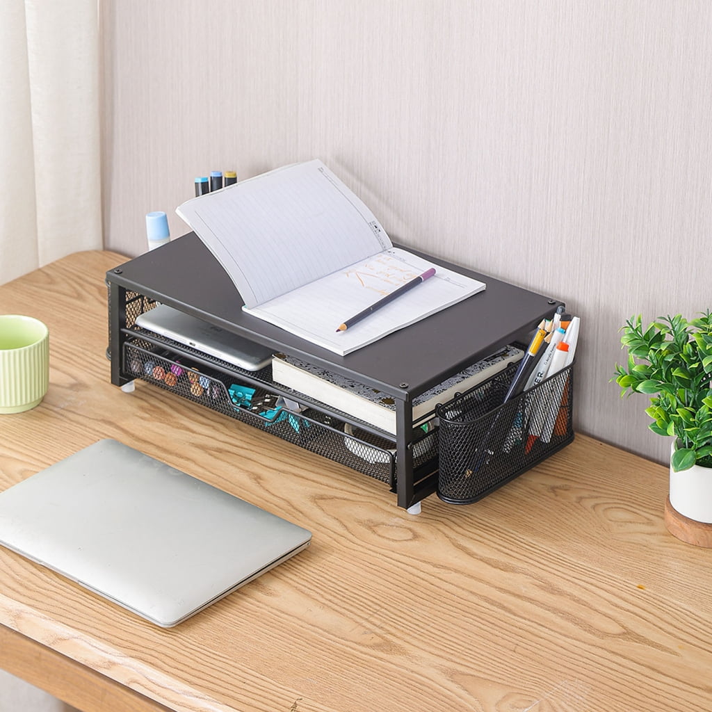 Yammee Screen Stand with Ventilation Drawer Pen Cup Double-Layered Metal Laptop Stand with Side Storage Desk Organizers
