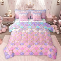 jejeloiu Pink Mermaid Pattern 7-Piece Twin Bedding Sets,Purple Gold Glitter Print Bedding Comforter Set For Girls Reversible