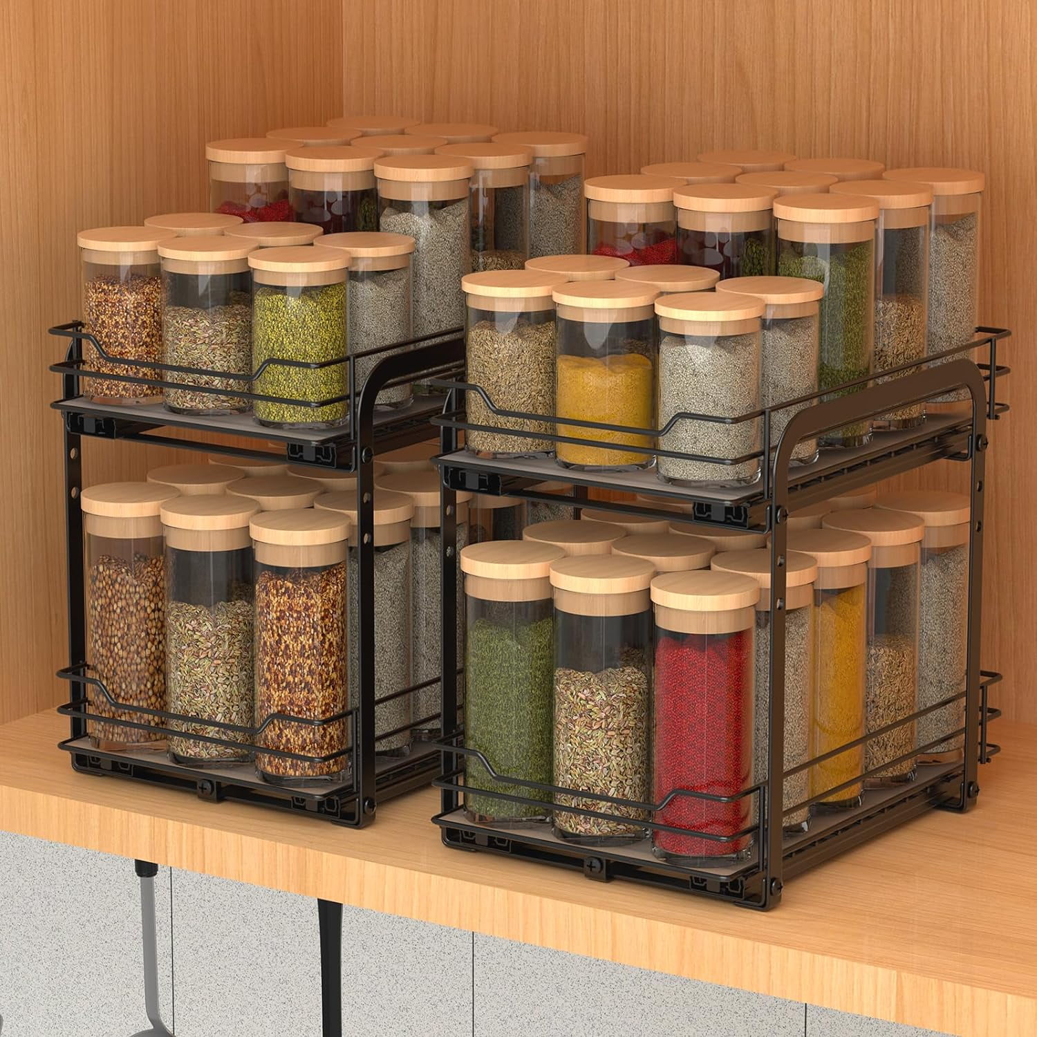 BOIVSHI 2 Tier Pull Out Spice Rack Kitchen Cabinet Organizer Slide Out Pantry Storage Shelves Black Walmart