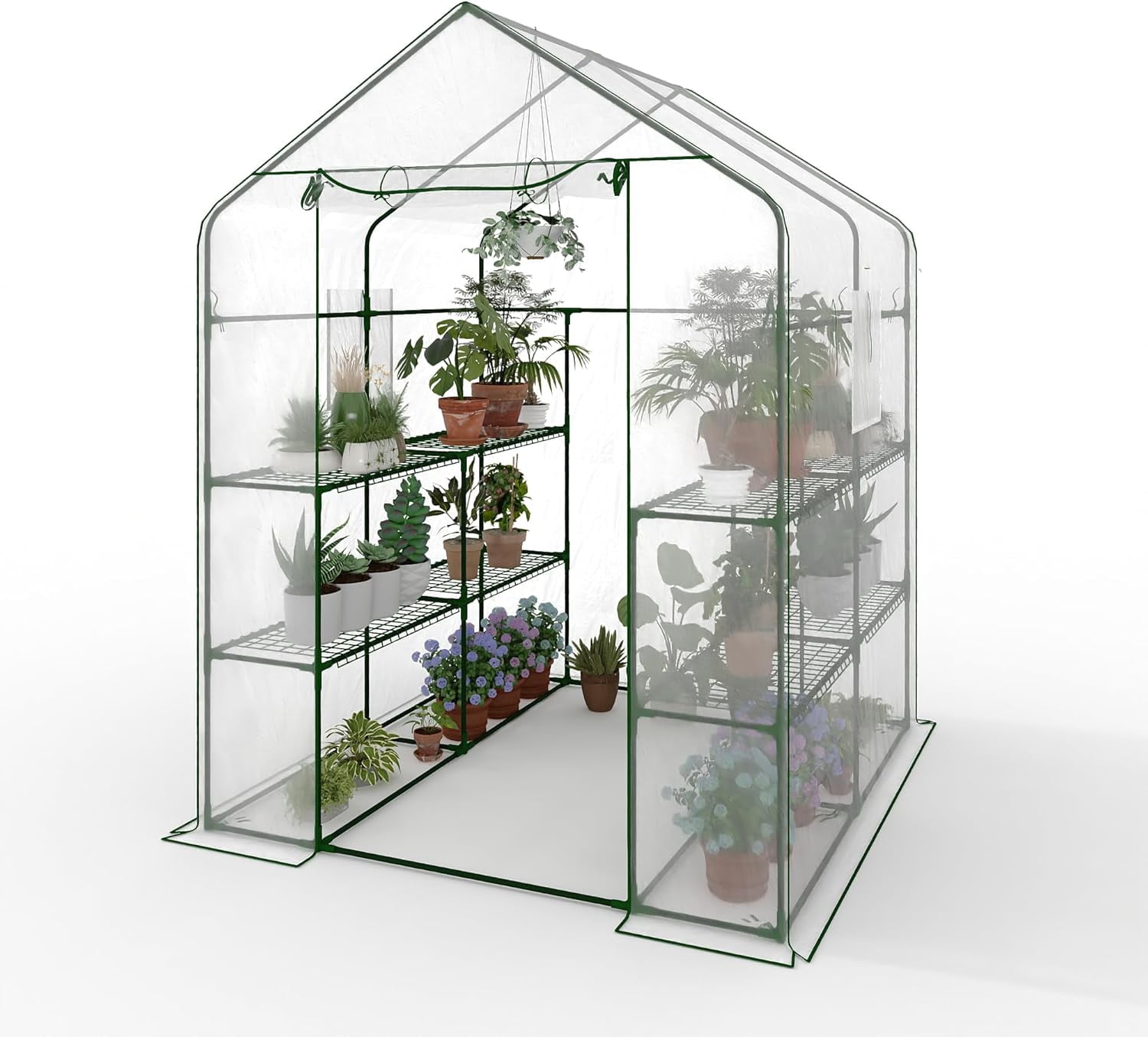 Garvee Walk-in Greenhouse 56.3" x 56.3" x 76.8", PE Cover, 3-Tier 12 Shelf, Clear