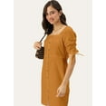 thumbnail image 2 of DressBerry Women's Solid Cotton Flex Dress Casual Summer Tie Up Elbow Sleeves Above Knee Length High Waist Square Neck Buttoned Front Western Style Light Weighted Straight Cut Short Dress, 2 of 7