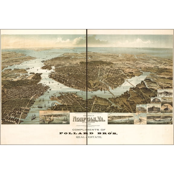 24"x36" Gallery Poster, birdseye view map of Norfolk virginia 1892