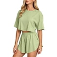 thumbnail image 2 of LEKWK Workout Sets for Women Short Sleeve Crewneck Crop Tops and Elastic Waist Shorts Loose Fit Solid Summer Fashion Athletic Running Gym Outfits, 2 of 6