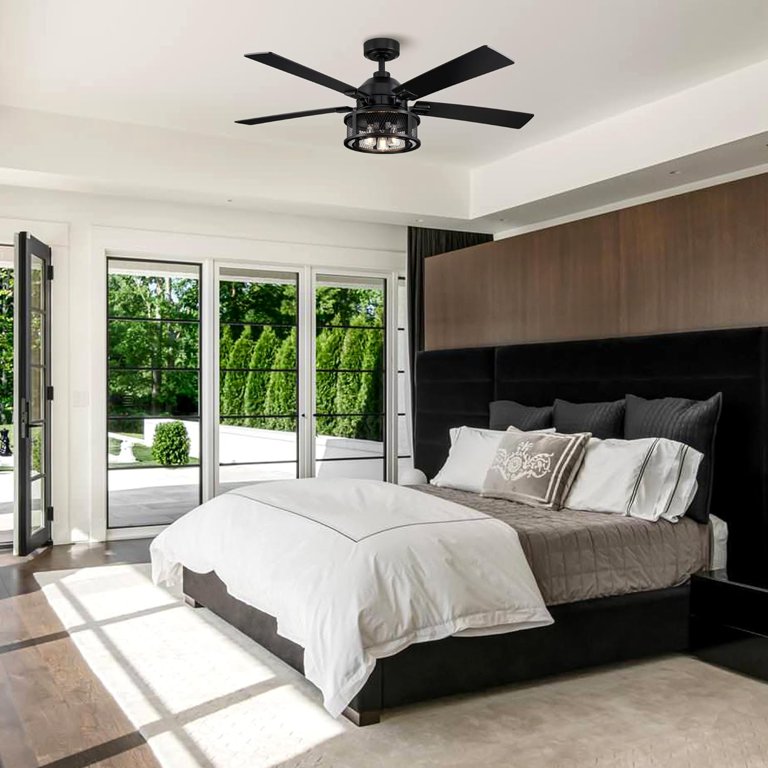 Hounberi 48" Black Farmhouse Ceiling Fan With Light & Remote - Industrial Caged Flush Mount For Indoor/Outdoor