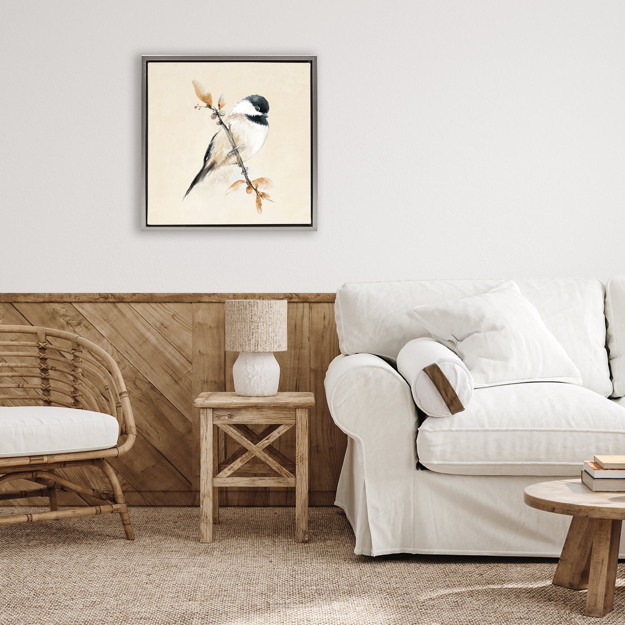 Stupell Industries Muted Watercolor Chickadee Gray Framed Floater Canvas Wall Art, design by Diannart