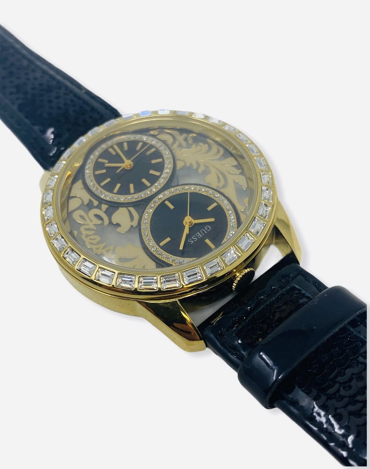 Guess Women\'s Black Suede Wide Strap Watch with Rhinestone Accents Amazon.com: GUESS Gold-Tone Stainless Steel Crystal  main image 4