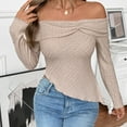 thumbnail image 3 of Craaazy Womens Shirts Knitted Solid Color Long Sleeve Sweater Bow Off Shoulder Knitted Tops Gifts For Women, 3 of 9