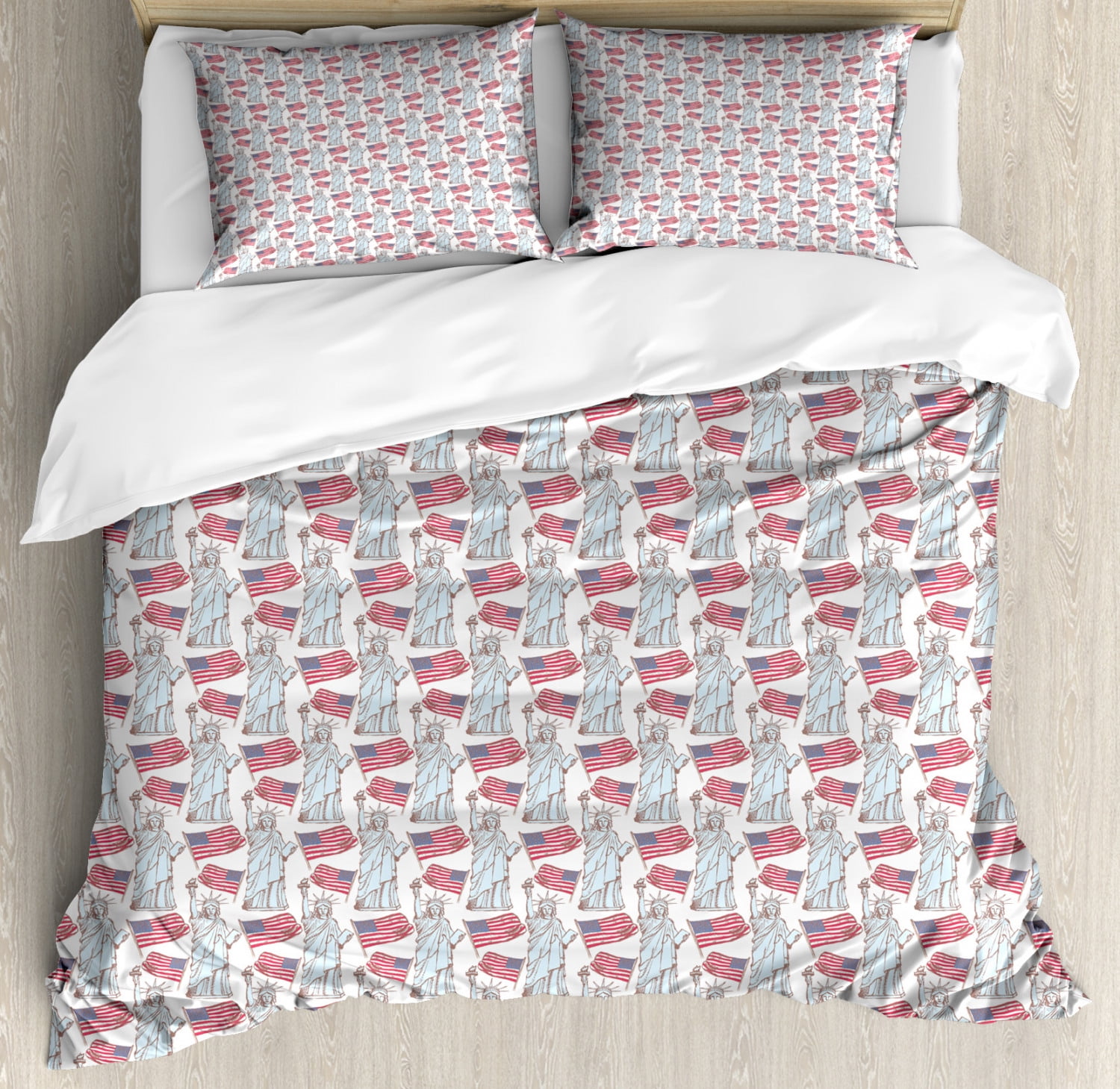 4th of July Duvet Cover Set Queen Size, Sketch Statue of Liberty and ...