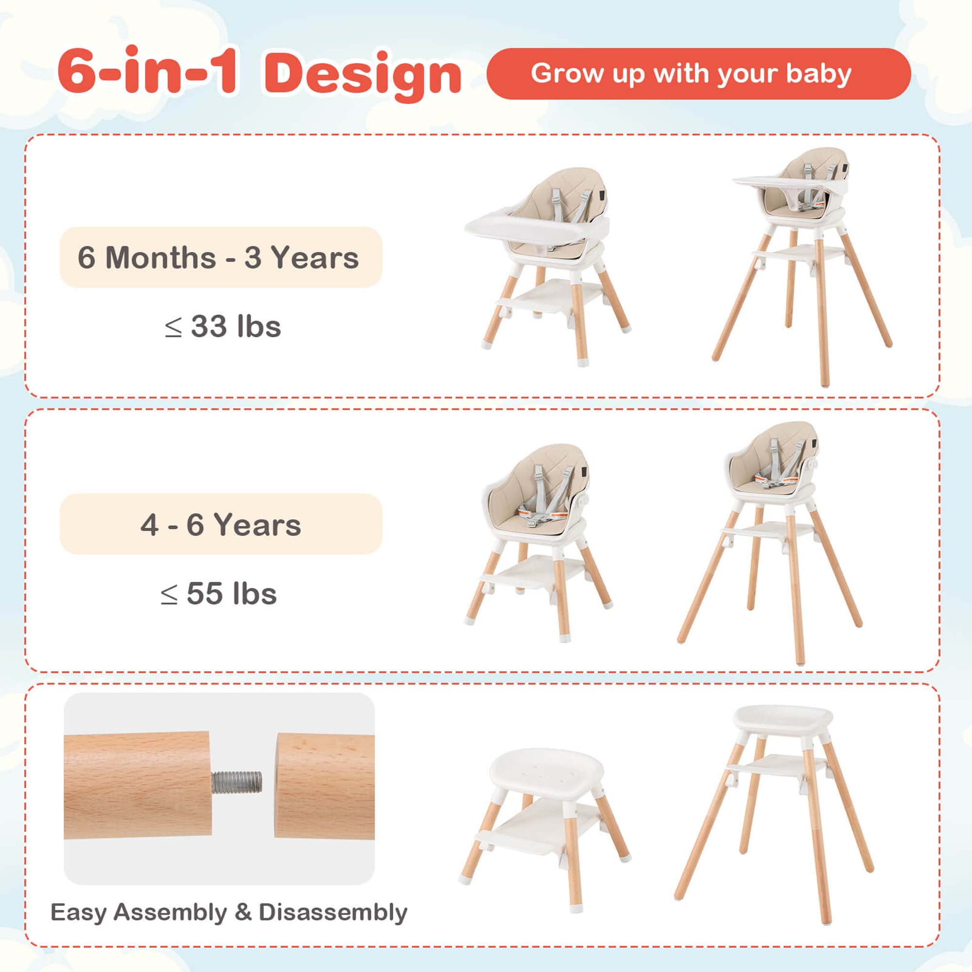 Costway 6-in-1 Convertible Wooden Baby Highchair Infant Feeding Chair with Removable Tray Beige