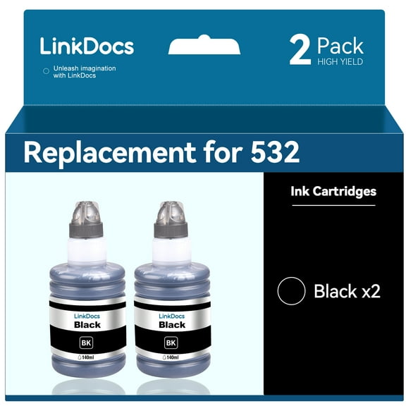 LinkDocs Ink Replacement for Epson 532 T532 T532120 T532120-S used with EcoTank ET-M1100 ET-M1120 ET-M1170 ET-M1180 ET-M2140 ET-M2170 ET-M3170 (2-Pack,Black Pigment 2x140ml)