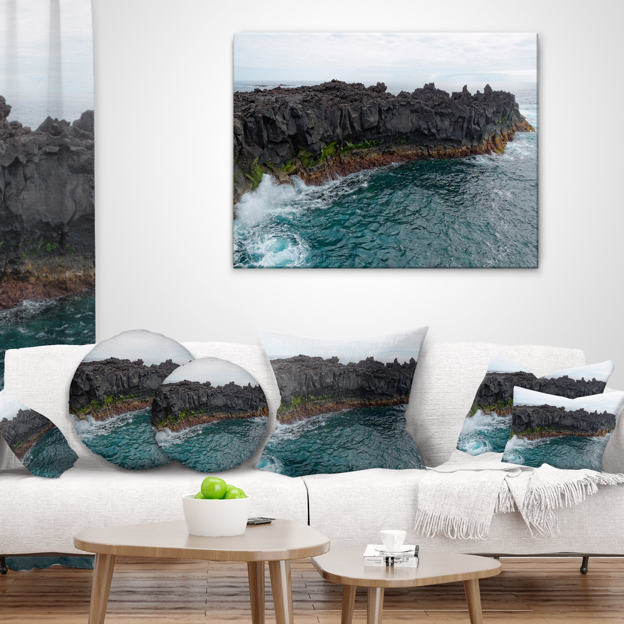 Designart Rocky Coast with Moss in Azores - Seashore Throw Pillow - 16x16