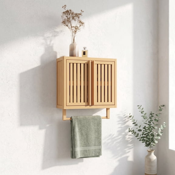 Zateety Wall Mounted Bamboo Cabinet, Bathroom Medicine Storage Cabinet with Towel Bar, Over Toilet Wall Shelf for Bedroom Living Room