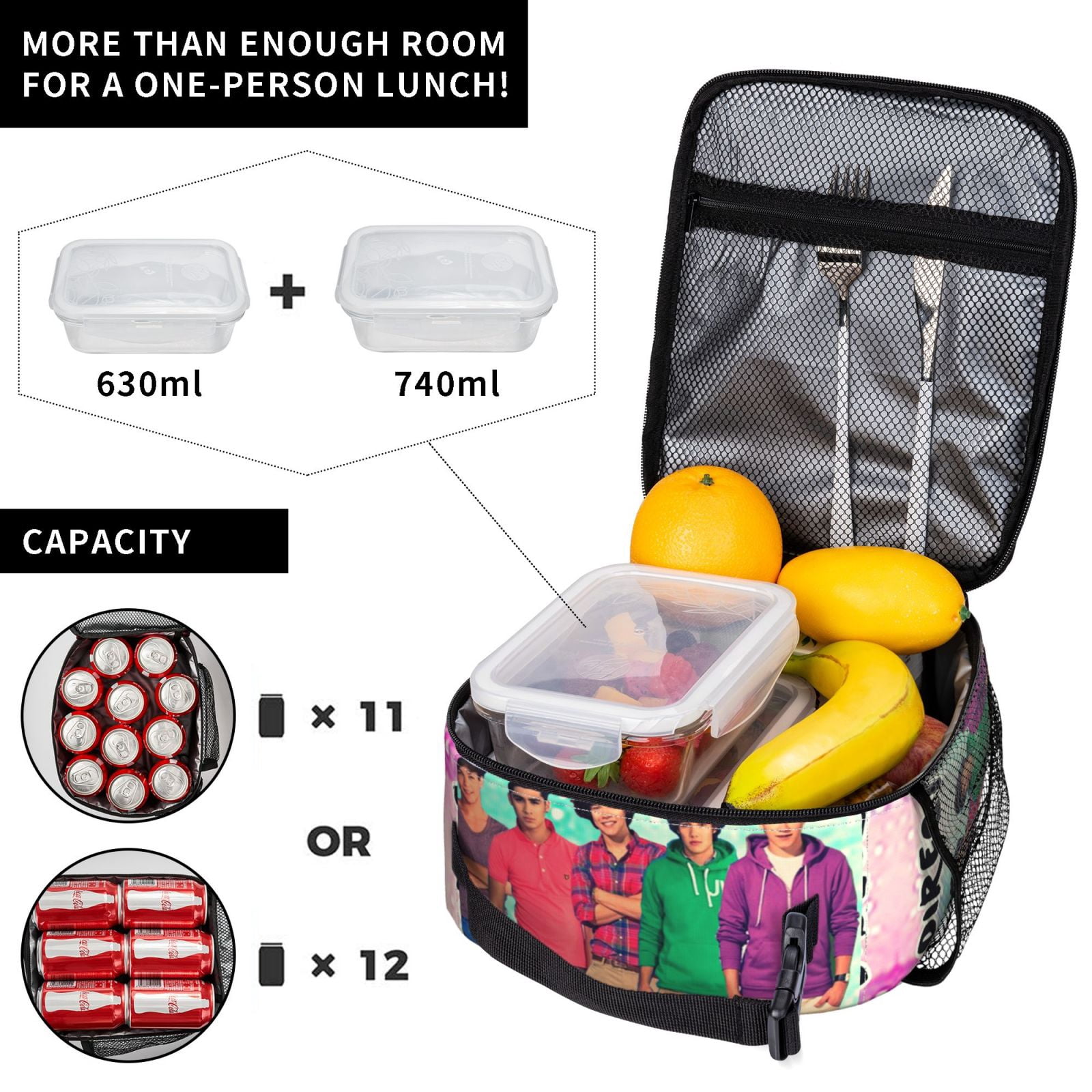One Direction 1D Lunch Bag Insulated Portable Reusable Lunch Box With Zipper For Picnic Work Office Travel