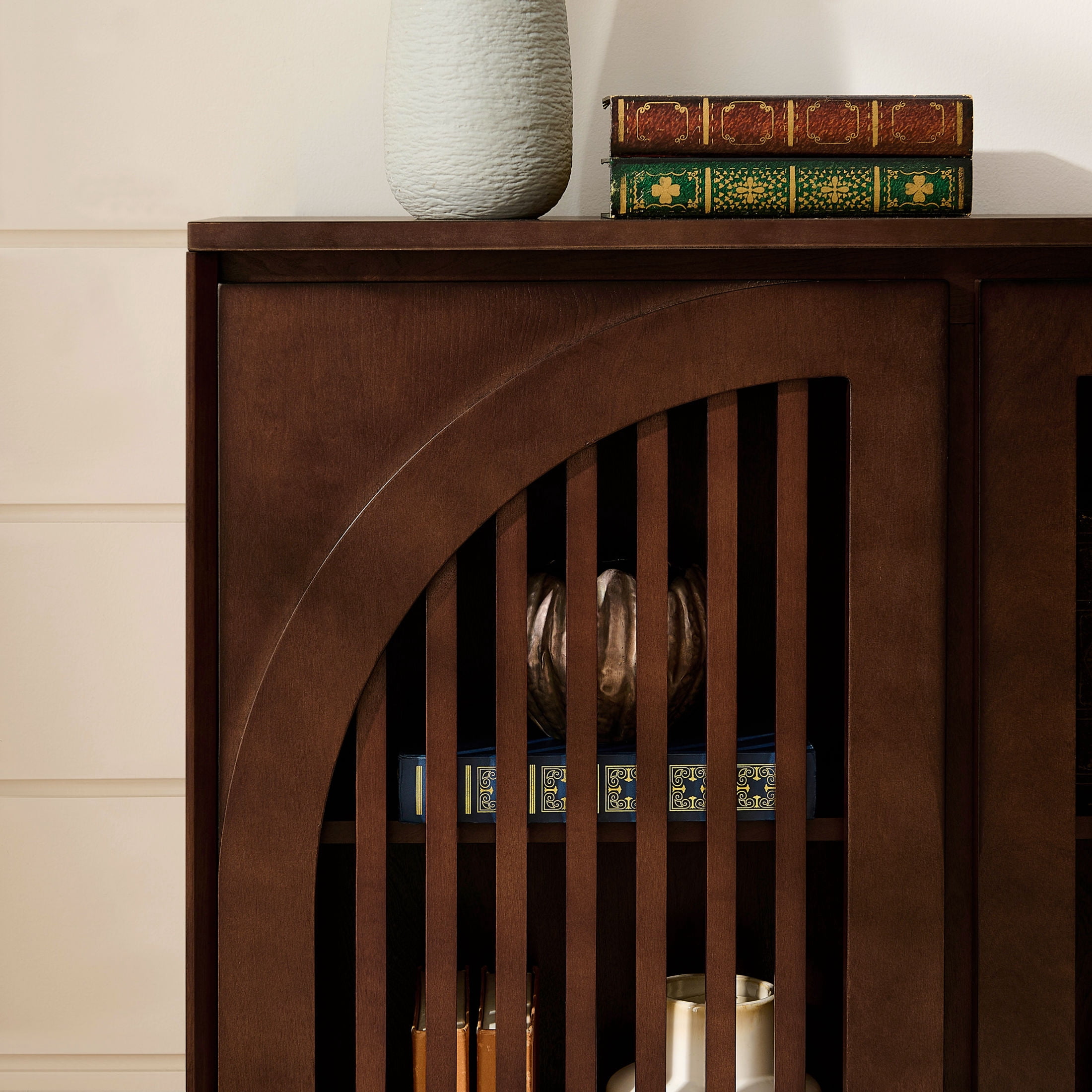 GDF Studio 39" Mid Century Modern Fluted Sideboard Cabinet with 2 Outlet Holes, Dark Walnut