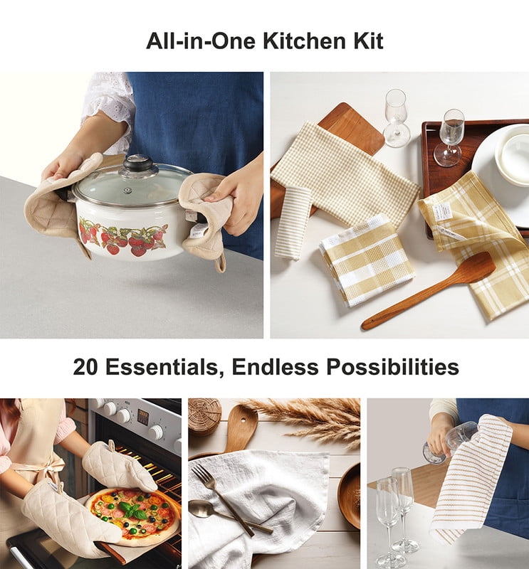 Casa Platino 20-Piece Absorbent Dishcloths and Heat-Resistant Oven Mitts Set - Beige