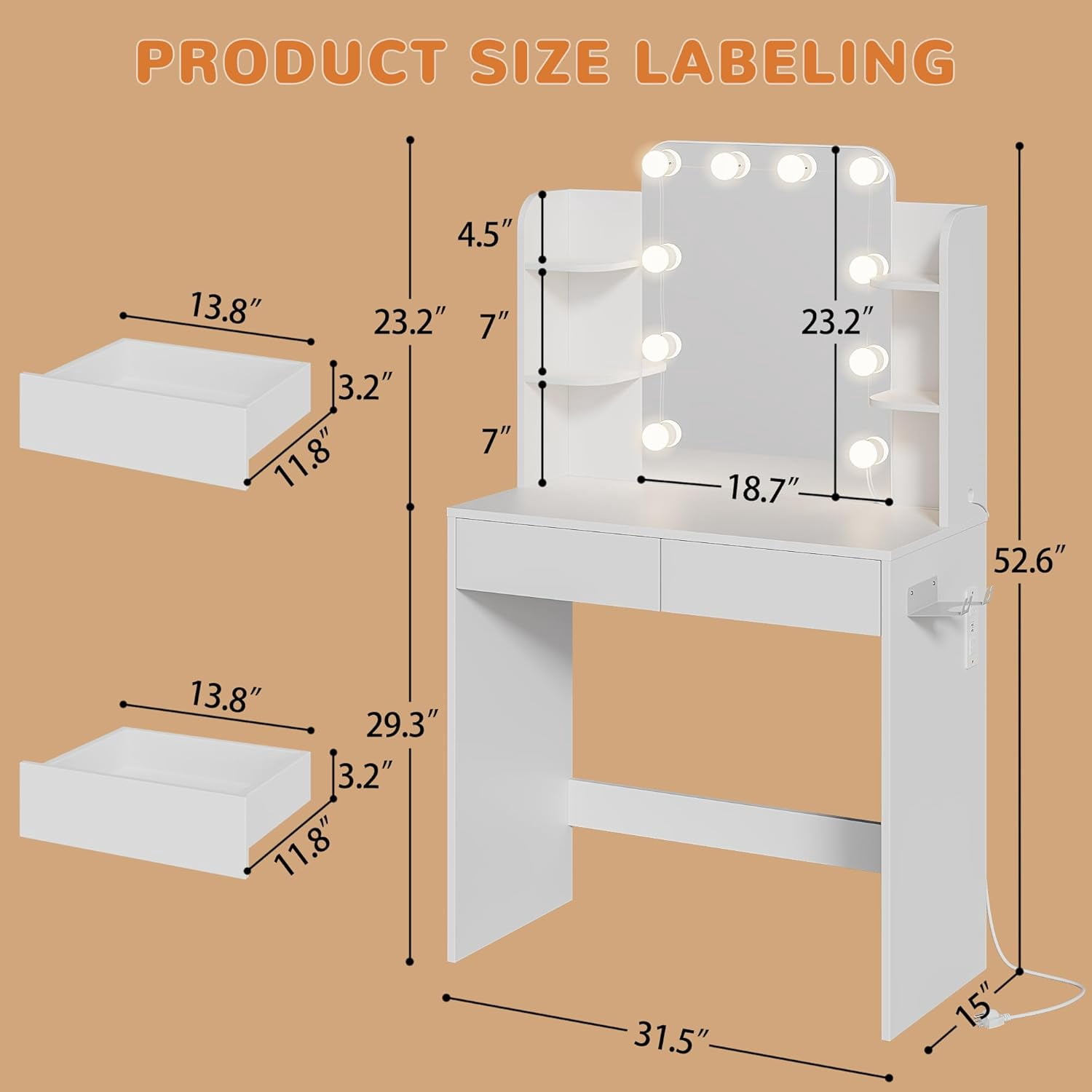 White Small Vanity Desk with Lighted Mirror and Power Outlet, Pipleo 31.5" Makeup Table with 2 Drawers & 6 Storage Shelves, Women Girls Vanity for Small Space, Easy Assembly