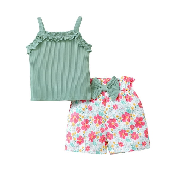 KIMI BEAR 2T Toddler Girls Summer Outfits Sets 3T Toddler Girls Clothing Sets Solid Color Sleeveless Halter Top Bowknot Floral Shorts Sets Clothing Green