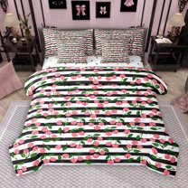 Manfei Cute Pink Cherry 7 Pieces Bedding Comforter Set for Kids, Cartoon Black Abstract Full Bedding Set, Kawaii Summer Fruit Reversible Fitted Sheet Flat Sheet, Breathable Home Decor