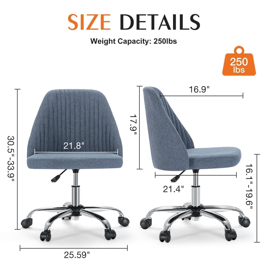 Colorful Linen Desk Chair, Comfy Thick Seat with Swivel Wheels, Armless Task Chair, Blue