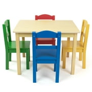 Humble Crew Primary Kids Wood Table and 4 Chairs Set, Natural Wood/Primary
