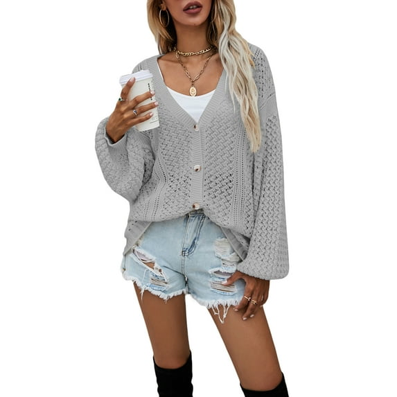 KOMOO Women Knitted Sweater Cardigan Lantern Sleeve Open Front Button Crochet Sweater Loose Knit Hollow Sweater