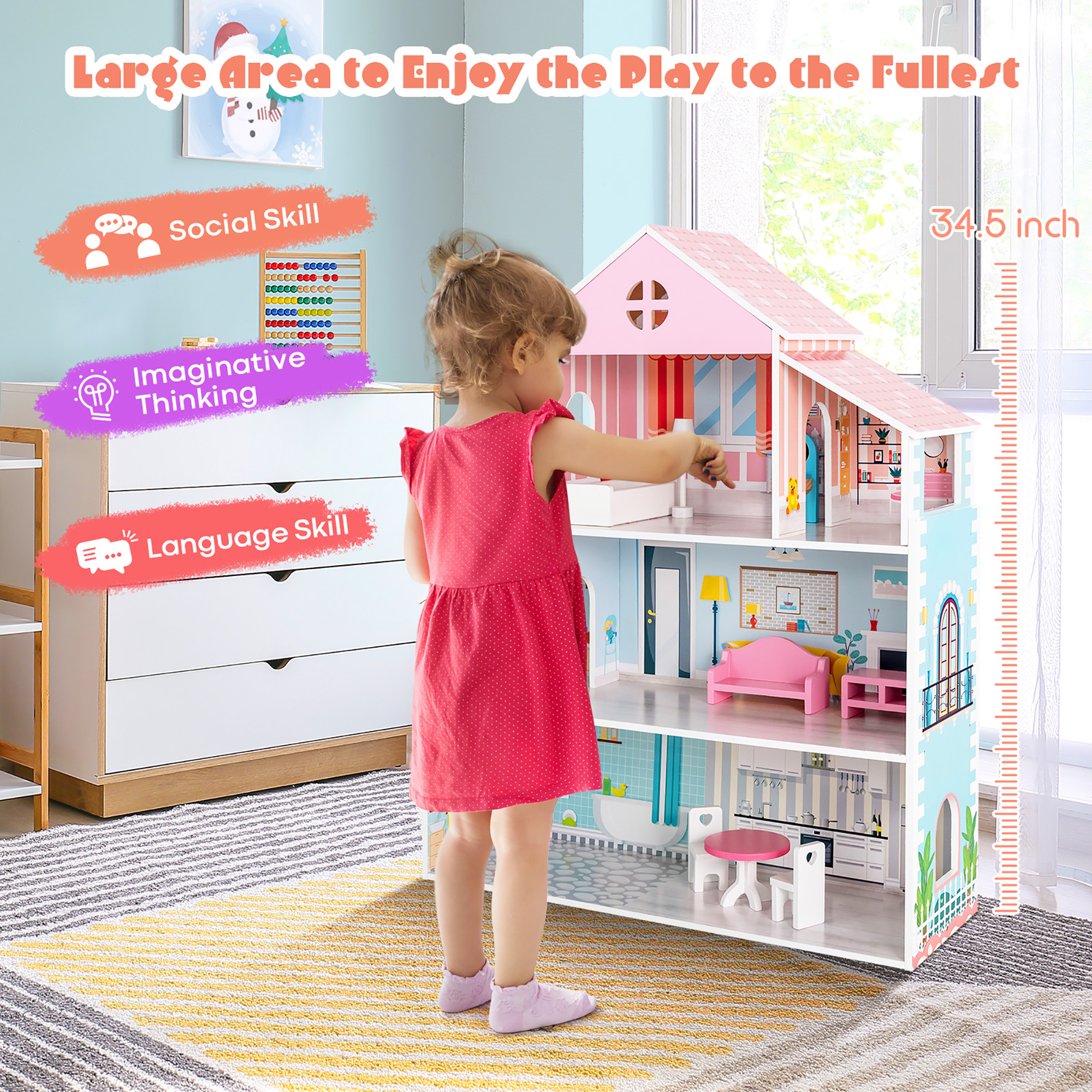 Costway Wooden Dollhouse 3-Tier with Furniture Set photo 6
