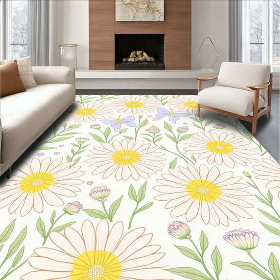 ODIKA 5'x7' Machine Washable Non-Slip Area Rug, Botanical Meadow Dreamscape with Blossoms and Fluttering Butterflies High Traffic Rug, Yellow, 308219