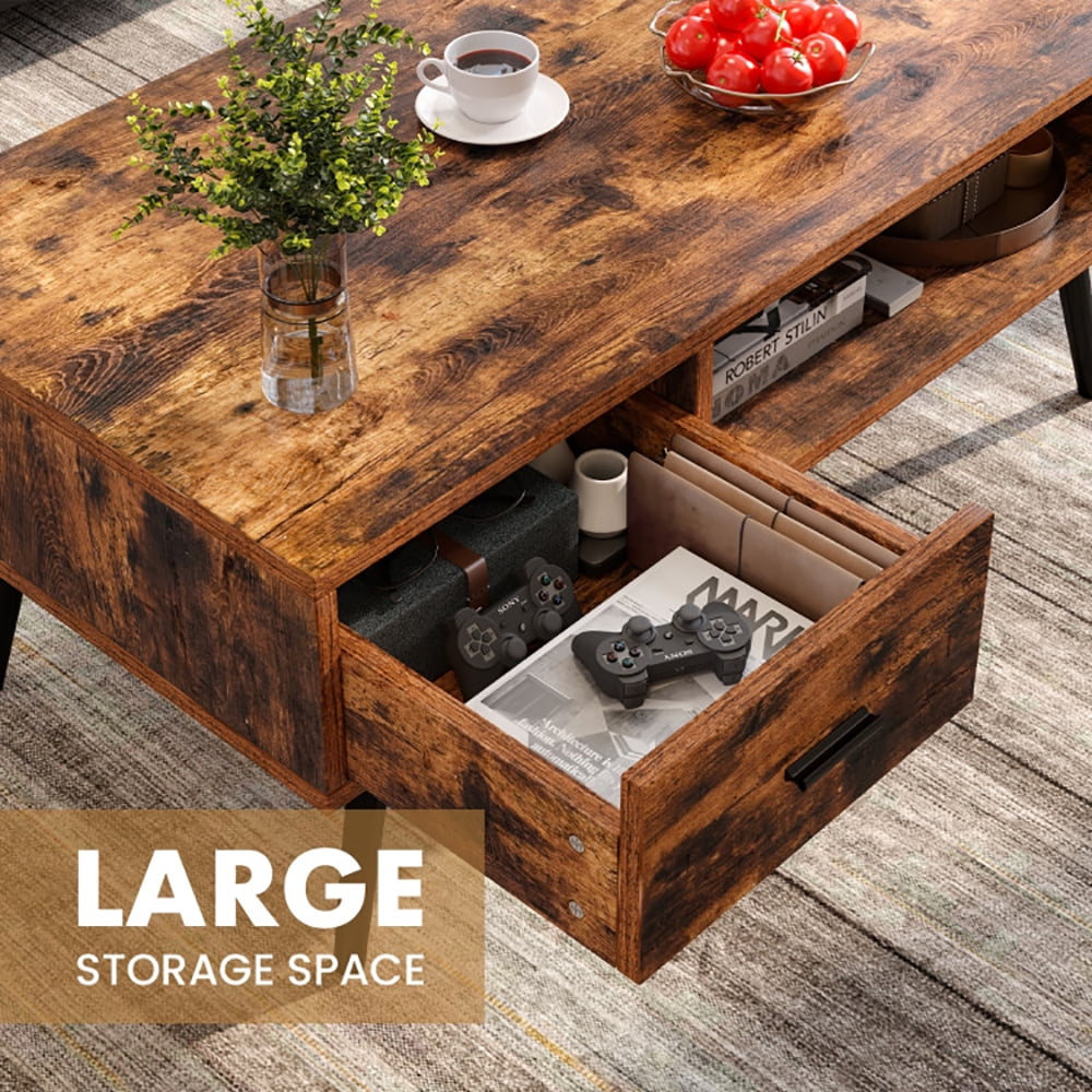 Finihen Rectangular Coffee Table, Retro Rectangular Coffee Table with Drawer and Storage Shelf, for Living Room, Reception Room, Office, Rustic Brown Finihen Rectangular Coffee Table, Retro Rectangular Coffee Table with Drawer and Storage Shelf, for Living Room, Reception Room, Office, Rustic Brown