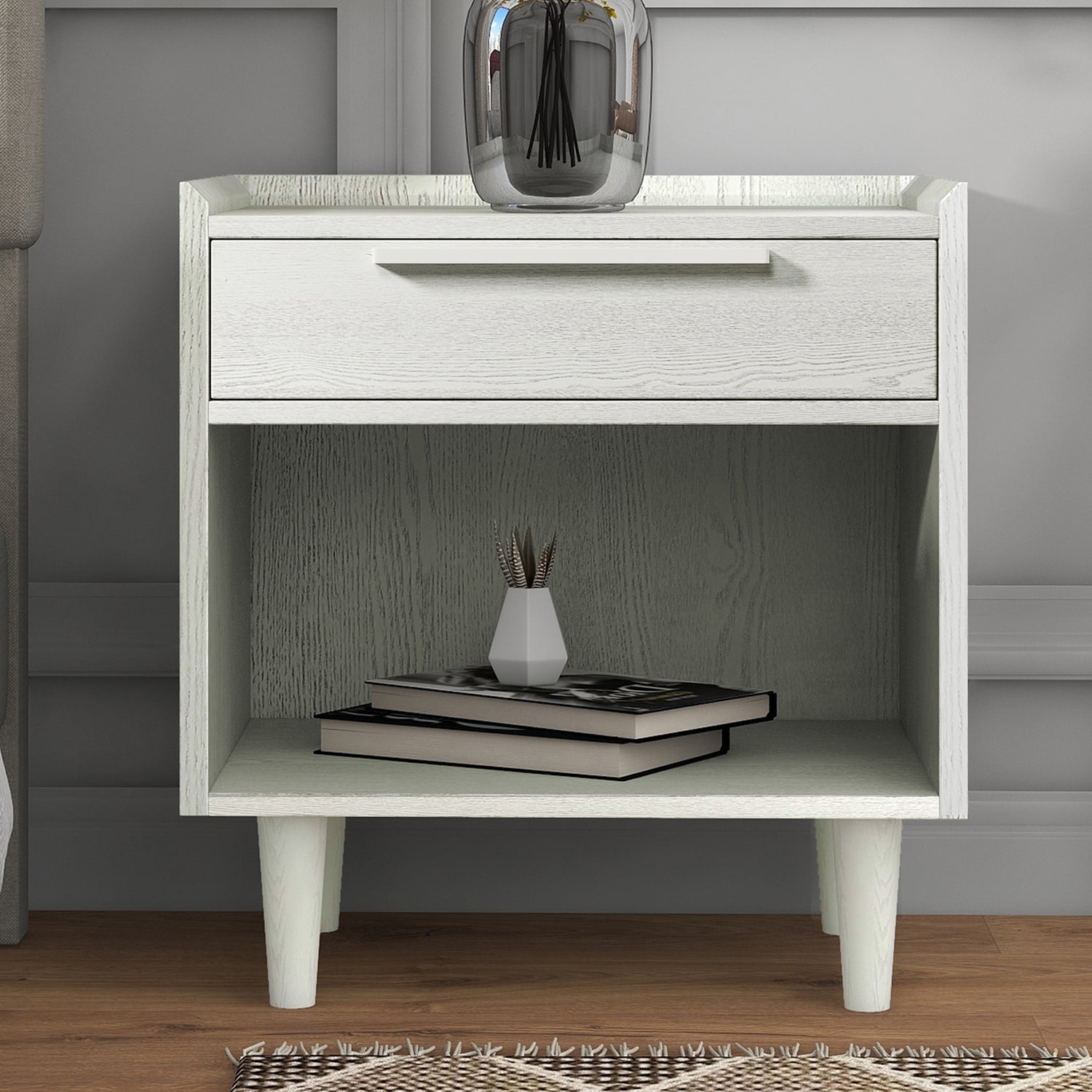 Kadyn Nightstand Side Table, Modern End Table with One-Drawer and Solid Wood Legs, Solid Wood Nightstand for Bedroom, White Kadyn Nightstand Side Table, Modern End Table with One-Drawer and Solid Wood Legs, Solid Wood Nightstand for Bedroom, White