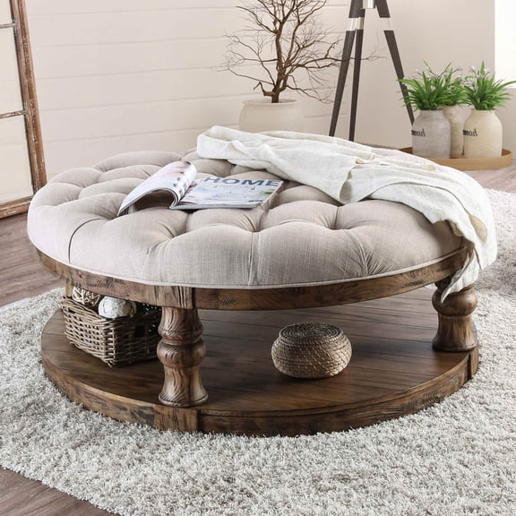Miekor Furniture Rustic Style Round Wooden Coffee Table Antique Oak Finish supported Turned Legs And Open Shelf MK3404